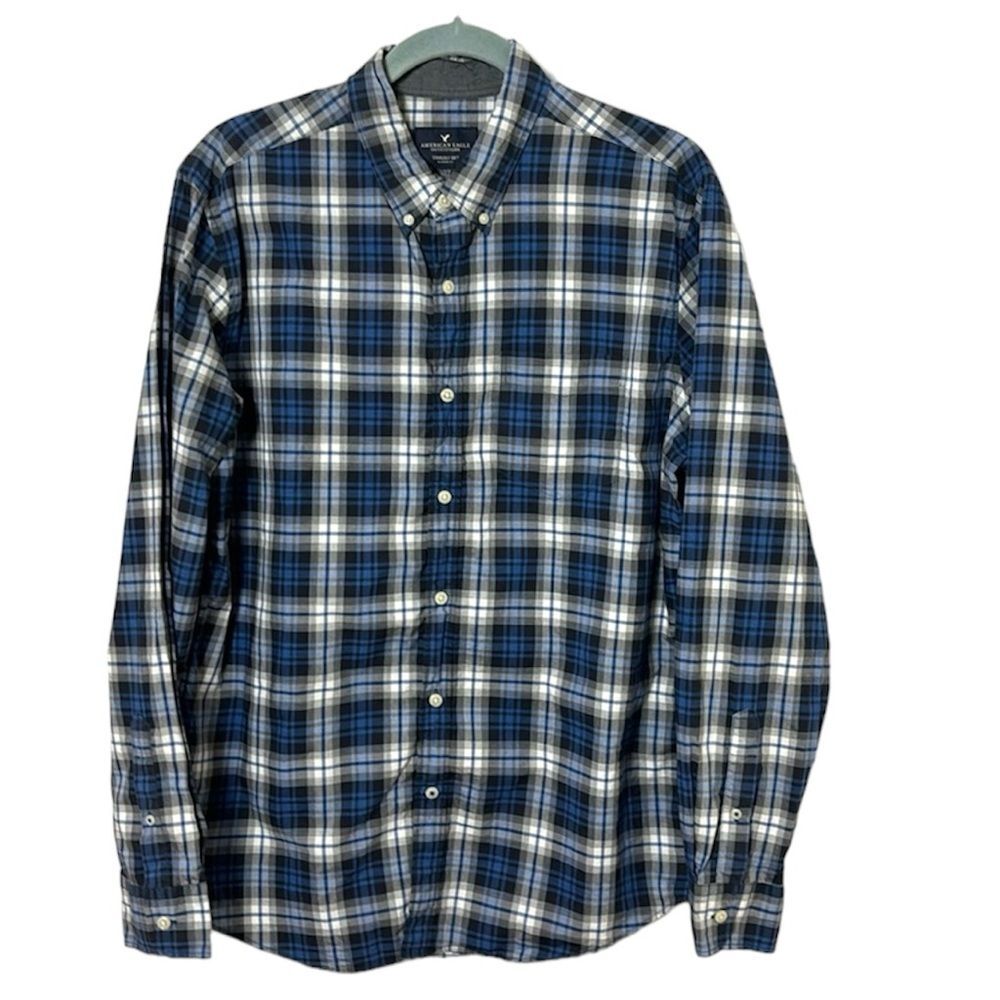 AMERICAN EAGLE Seriously Soft classic fit blue plaid button down shirt sz LARGE